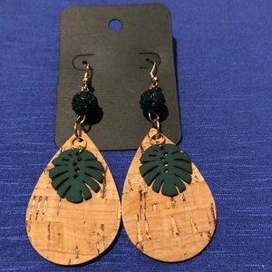 Green Leaf and Cork Oval Dangle Earrings
